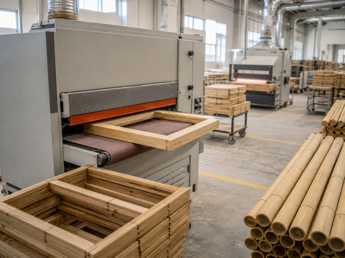 Wood and bamboo components arranged in a woodworking production setting
