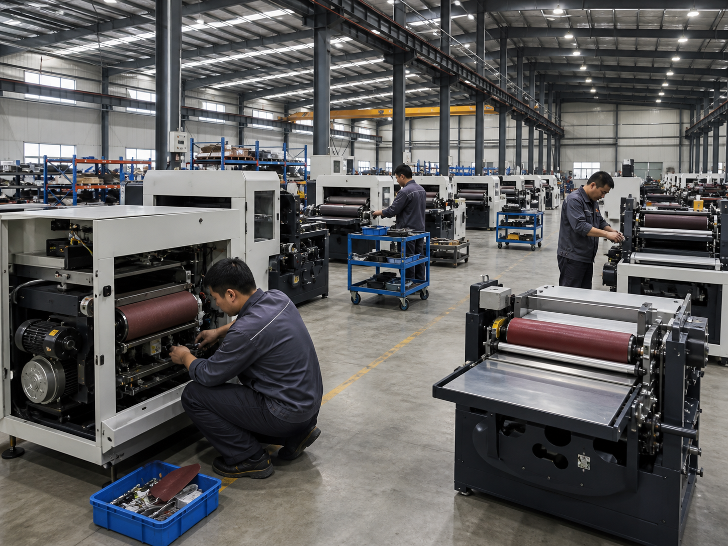Wide view of an industrial machinery factory with technicians and assembled equipment