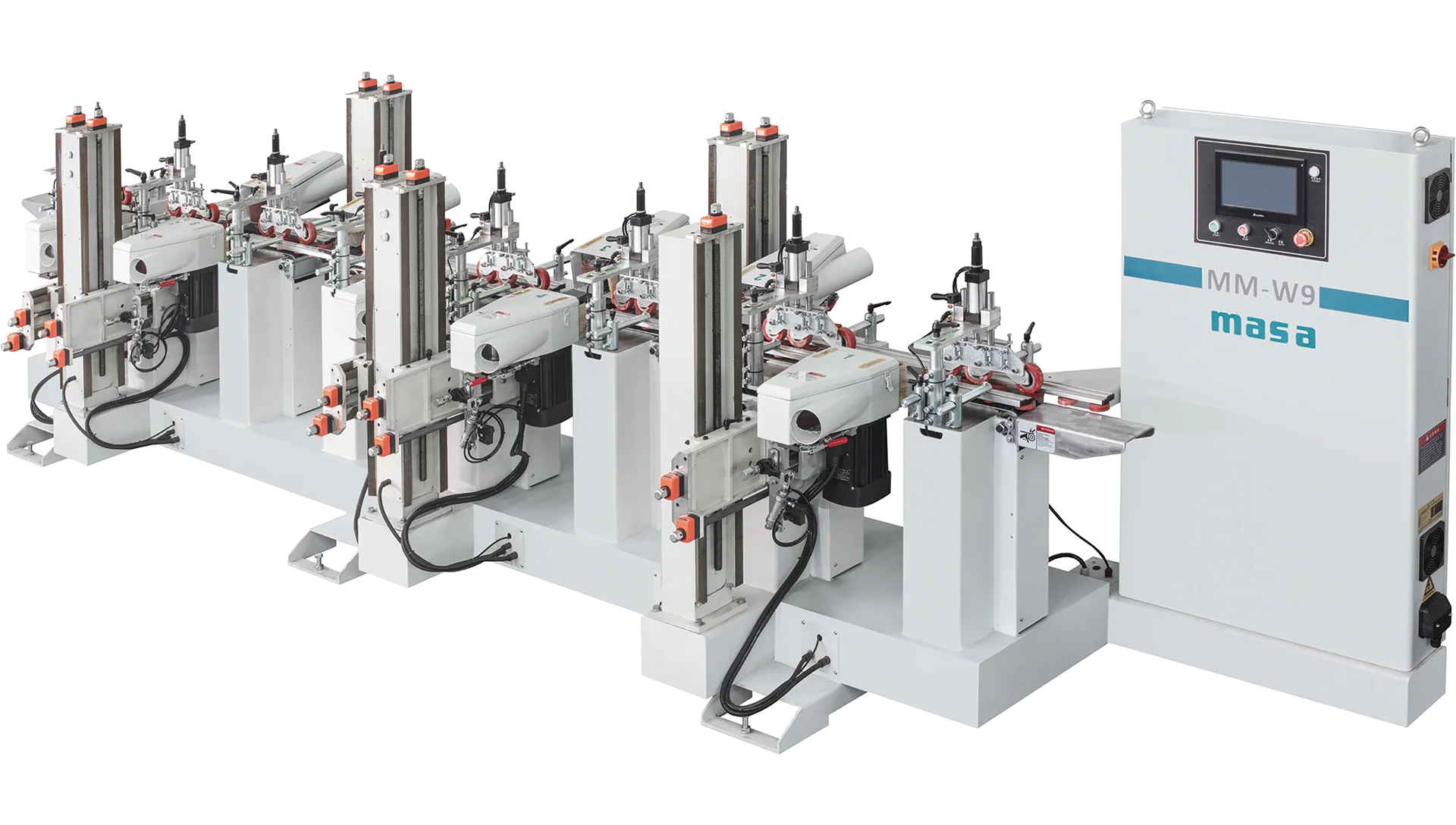 Servo-controlled edge profile sanding equipment in an industrial workshop