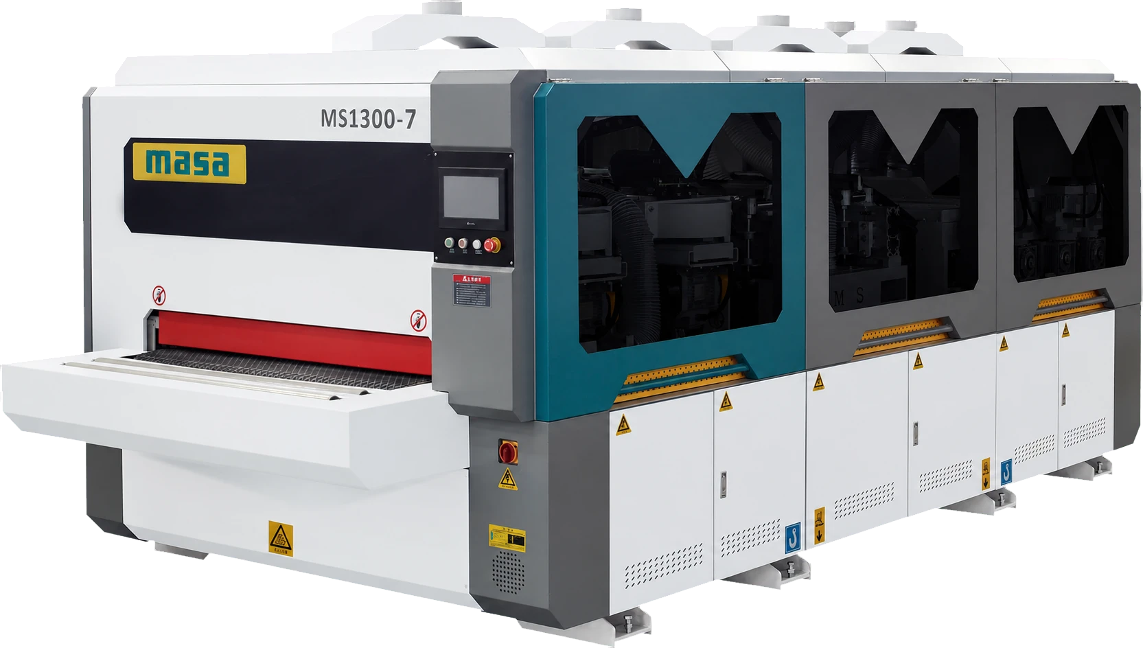 Industrial profile and surface sanding machine processing a wood panel
