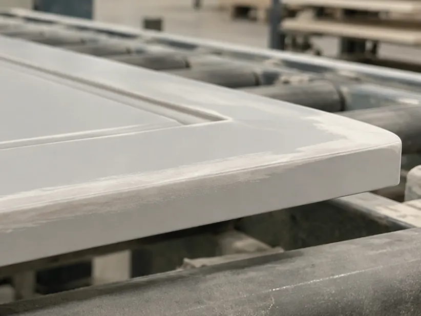Close-up of a primer-coated cabinet door edge on a roller conveyor after sanding