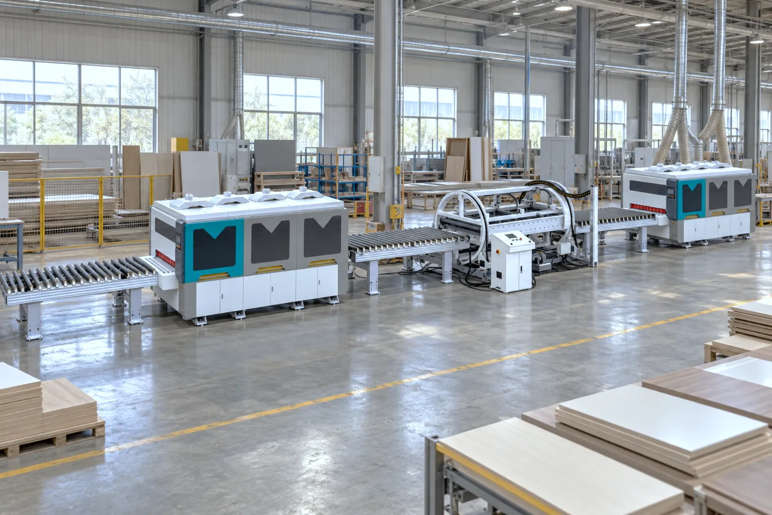 Linked double-sided sanding line with roller conveyors and an automatic turning section on the factory floor