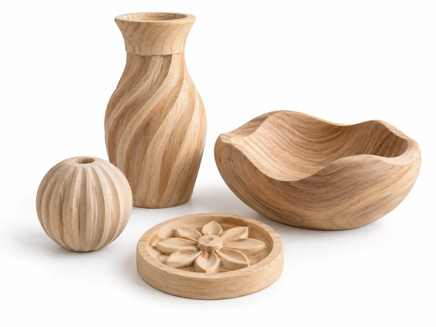 Carved wooden vase, bowl, sphere, and floral disc showing concave and convex craft surfaces