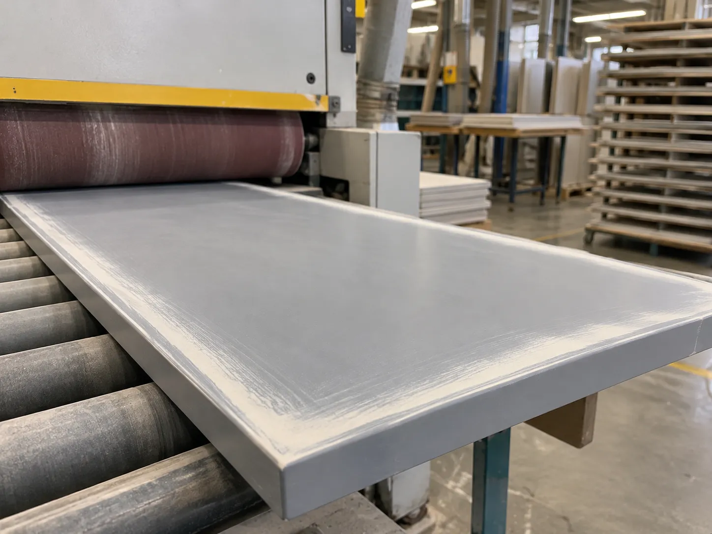 Primer-coated panel entering a wide-belt sander on a roller conveyor