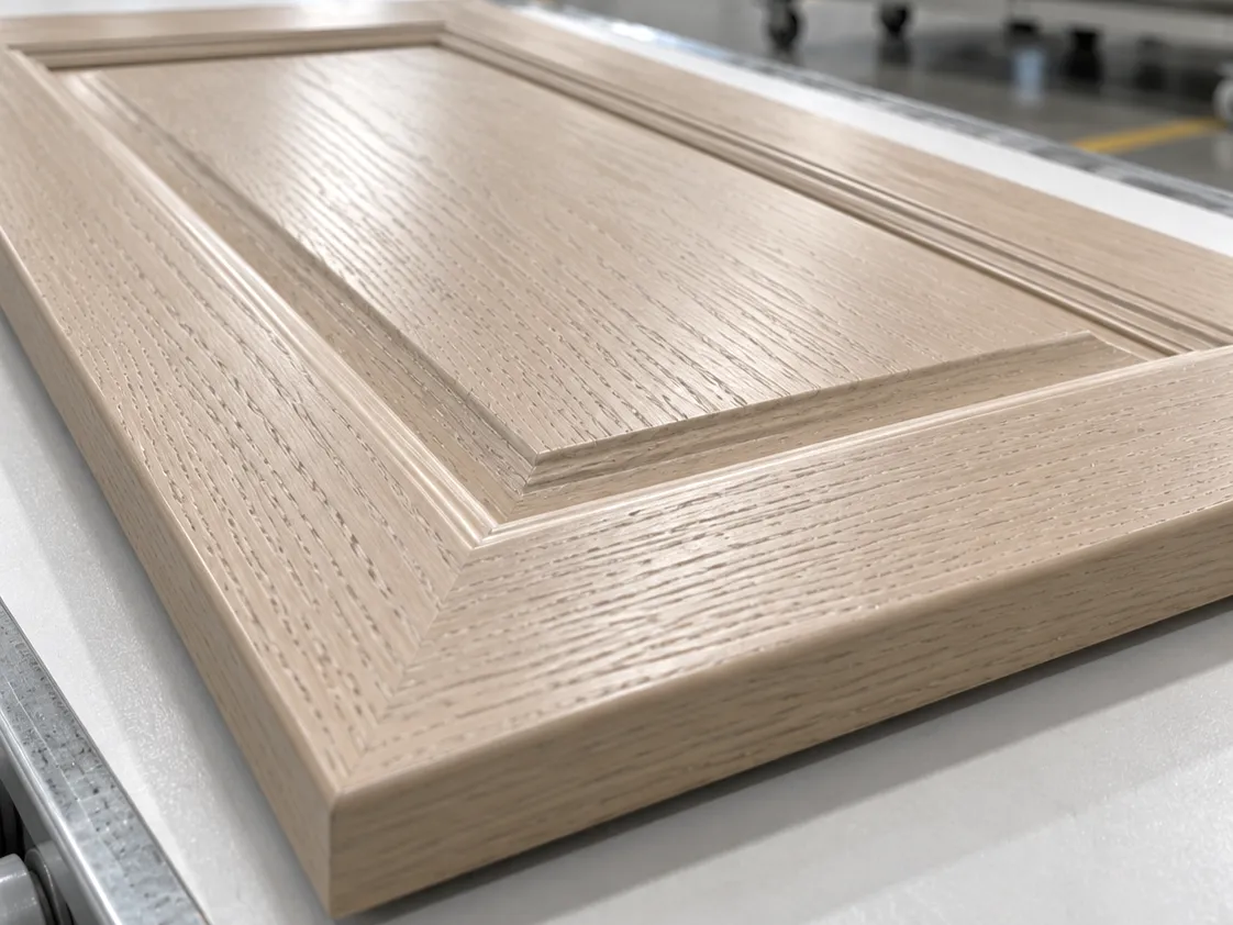 Light oak raised-panel cabinet door showing open grain and profile details on the production line