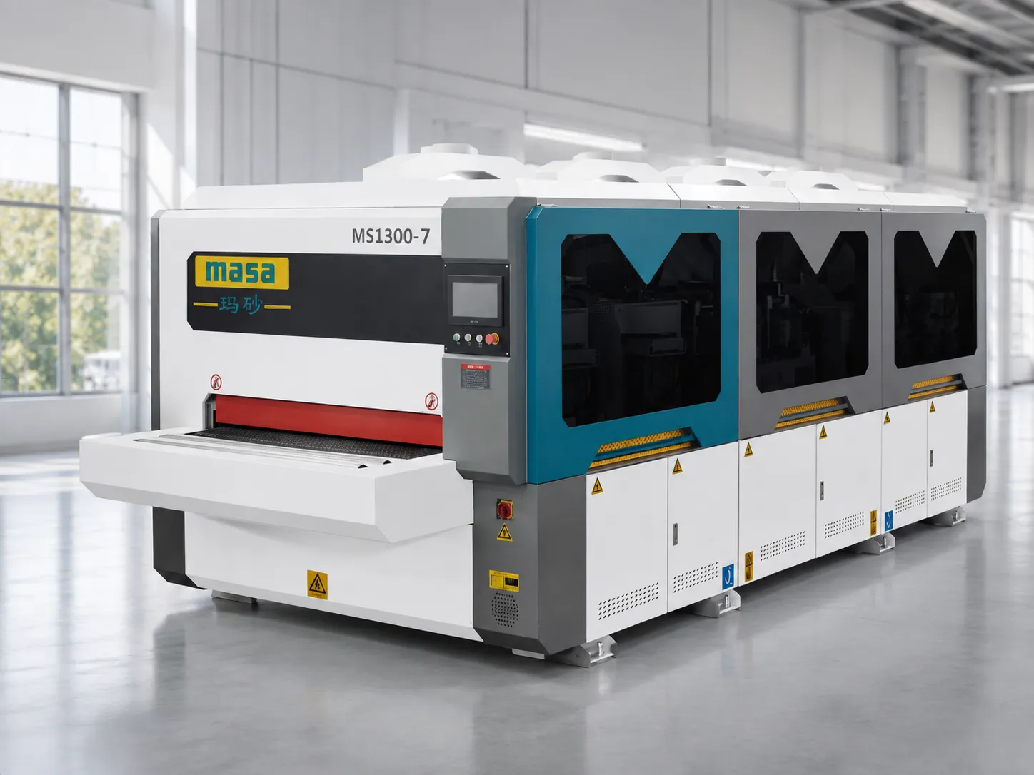 Custom machine nameplate, applied brand mark, and painted enclosure surface on an OEM sanding machine