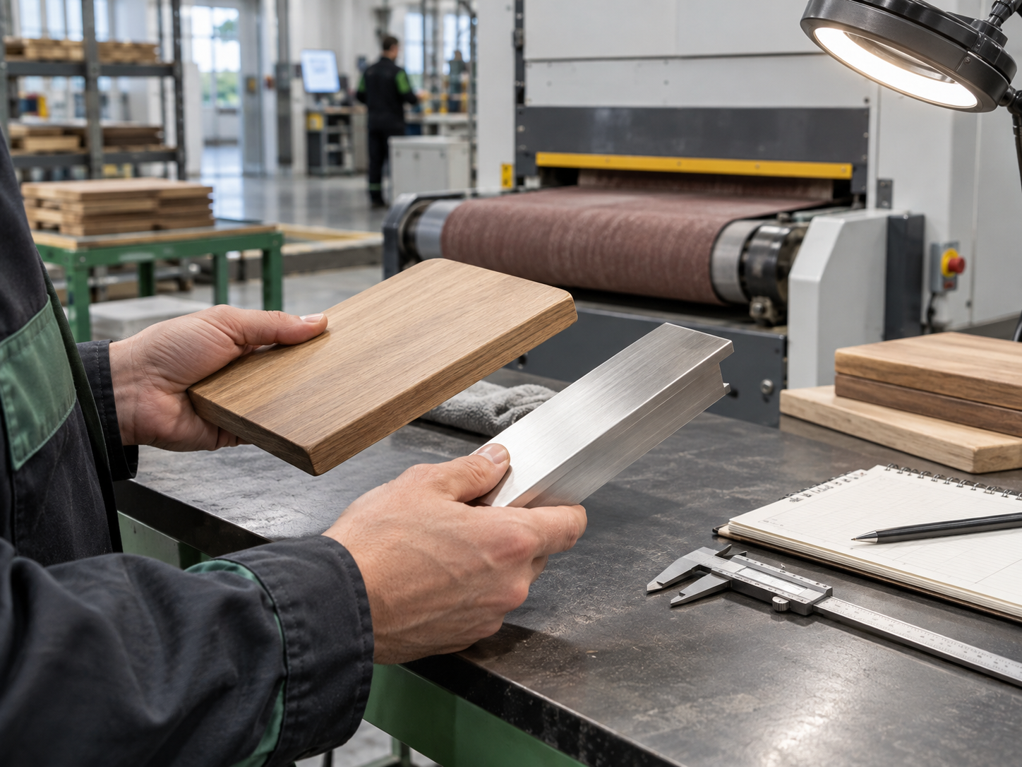 Technician comparing a sanded wood component and brushed metal profile during a material run-off inspection