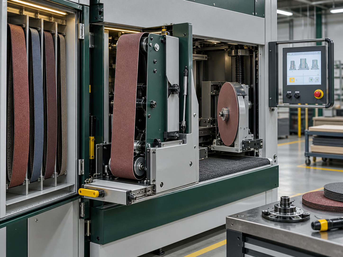 Iron fire-door panel, aluminum profiles, aluminum furniture frame, and stainless steel plate prepared for sanding