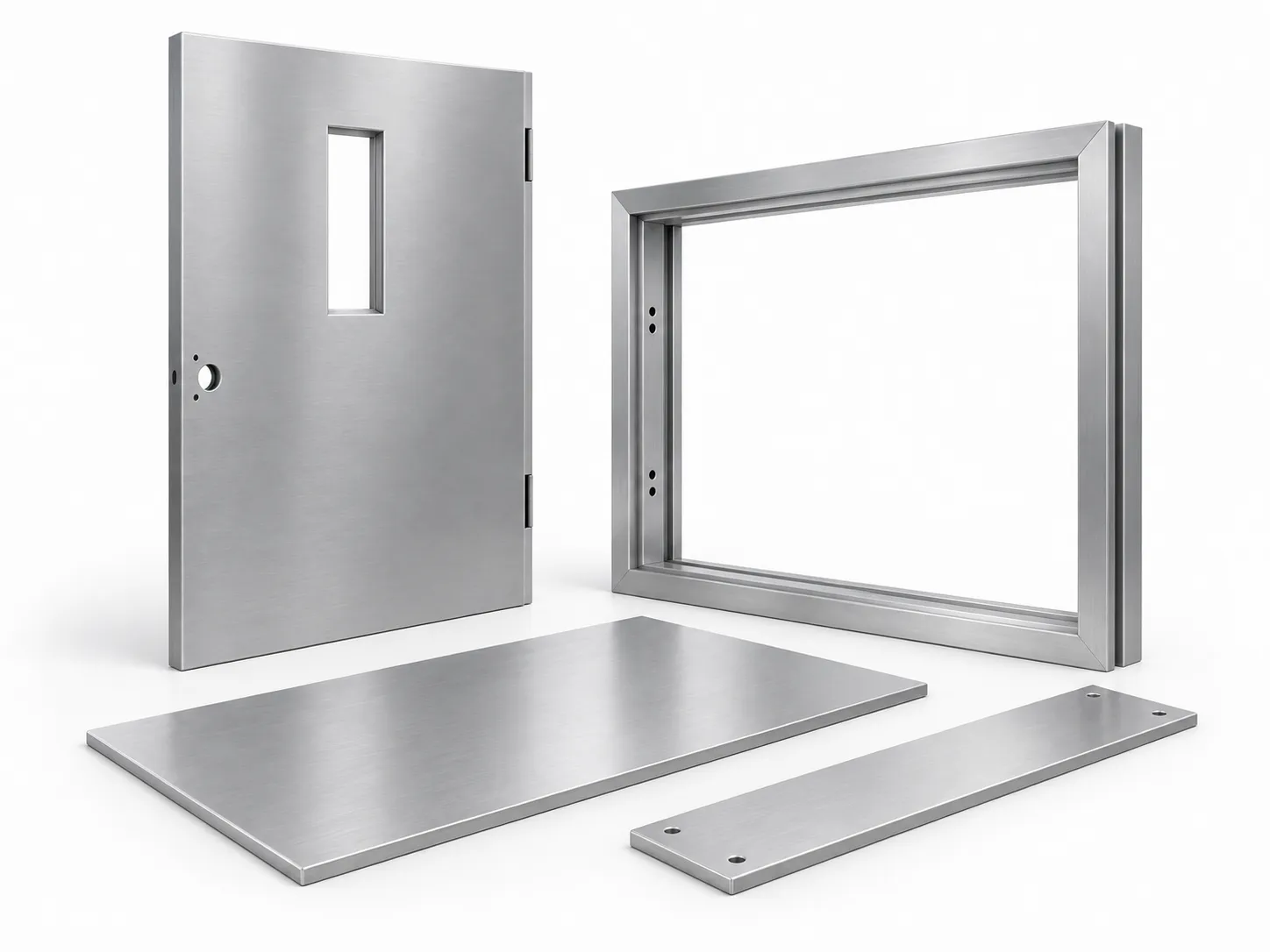 Stainless steel door, frame, and panel samples prepared for pre-paint sanding