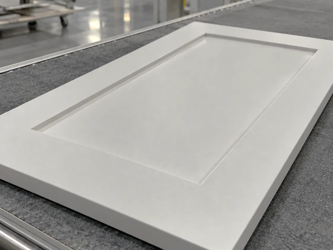 White UV full-sealed shaker cabinet door on the factory conveyor before sanding evaluation