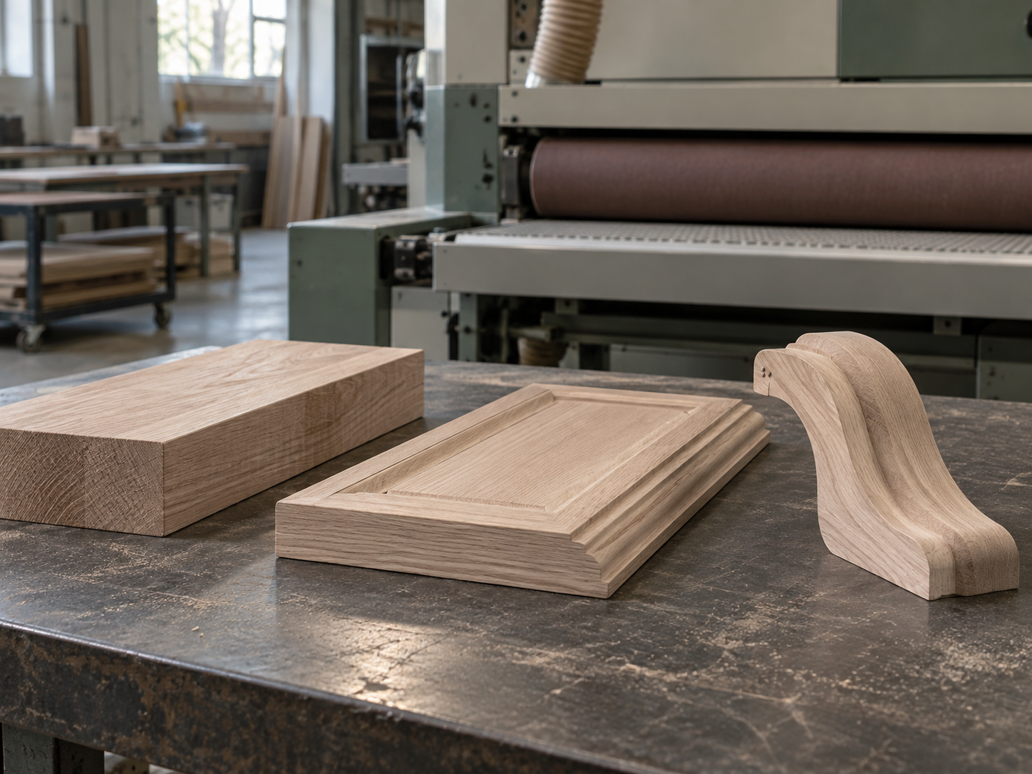 Solid wood blank, profiled cabinet-door edge, and carved wood component prepared for sanding