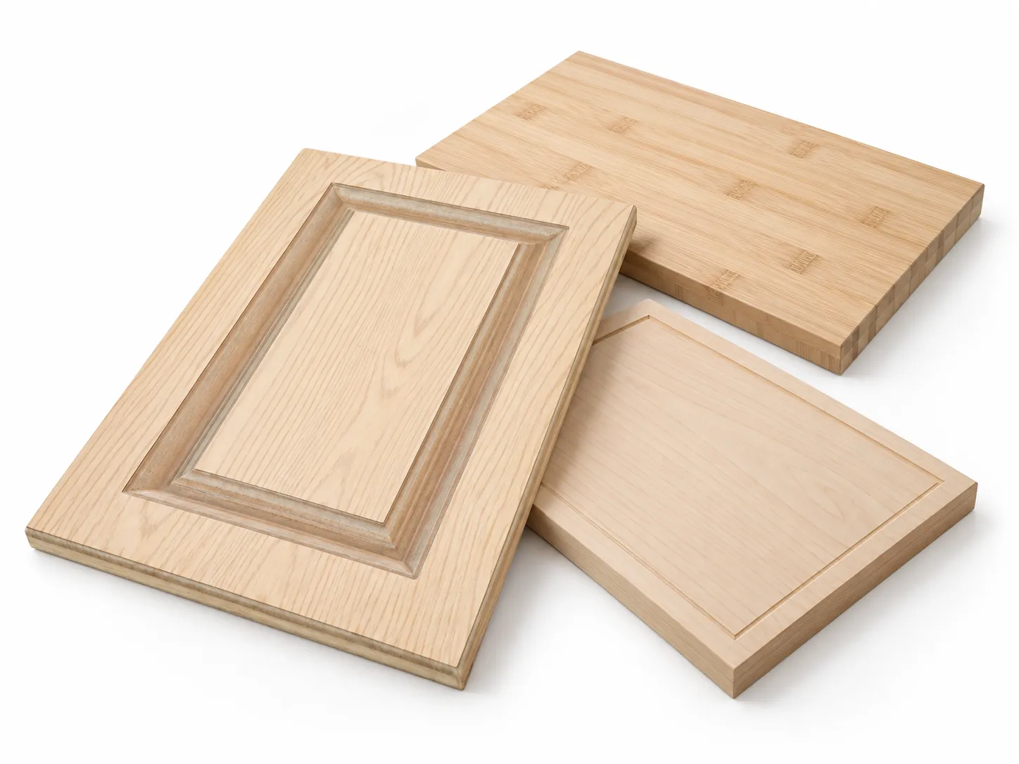 Raised-panel cabinet door, shaker door, and bamboo board samples for furniture sanding