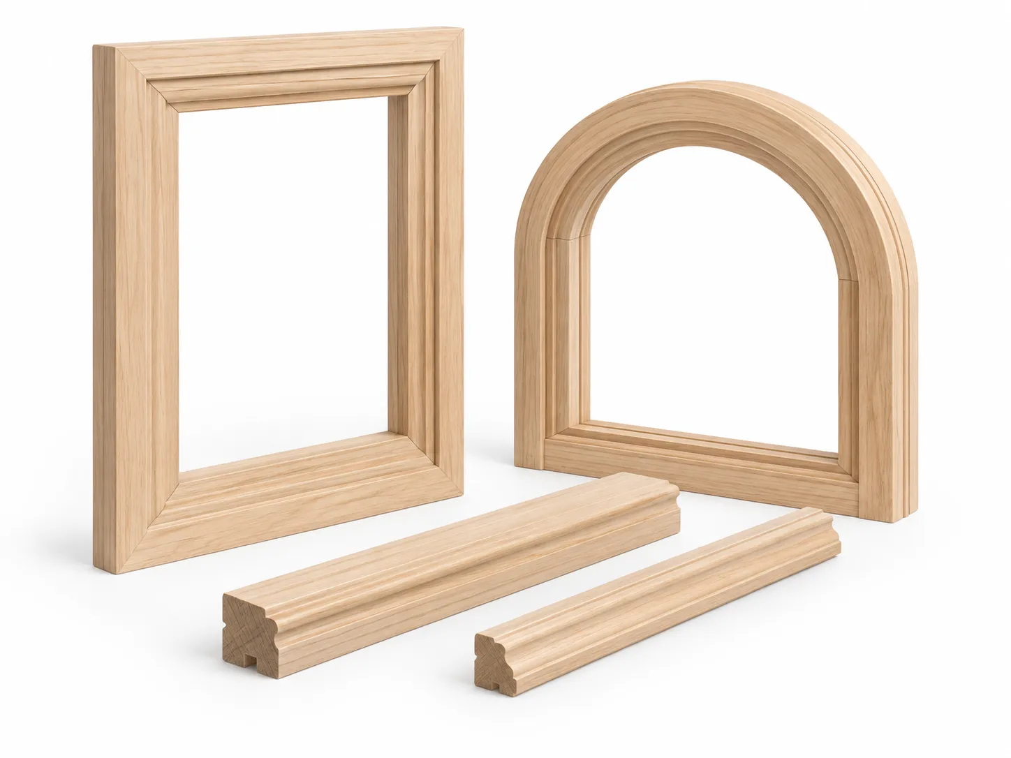 Solid-wood rectangular and arched frames with matching profile stock for door and window sanding